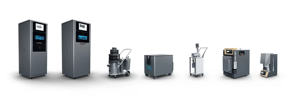 From left to right: 2Create, 2Create Plus, 2Clean, 2N2, 2Sieve, bigger & small furnace
