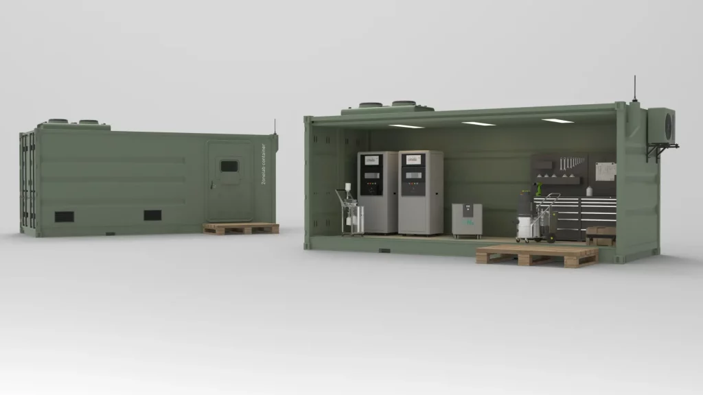 Closed container (left); container inside with 2onelab`s metal 3D printing ecosystem (right)